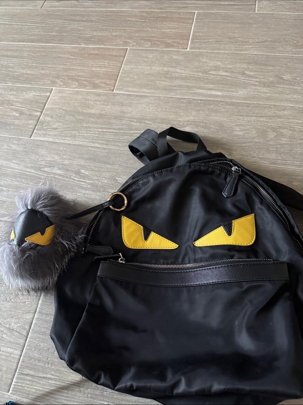 Monster backpack with furry keychain